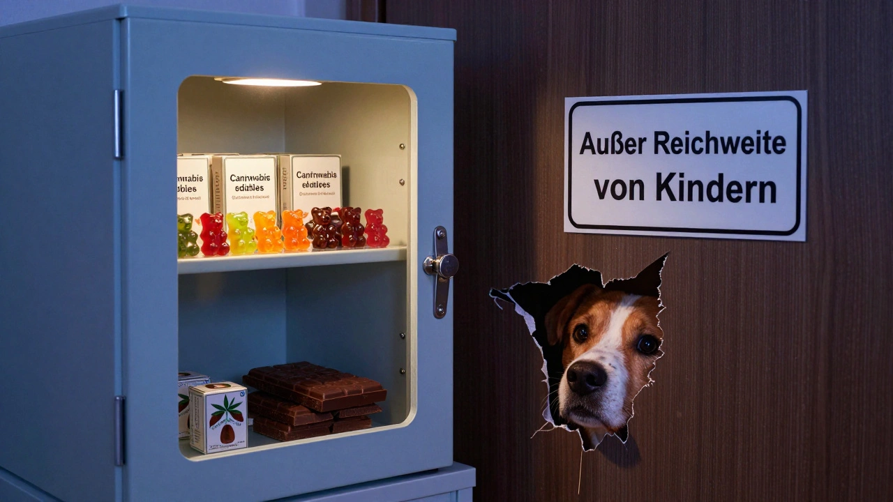 Geschlossener Kinderriegel-Schrank mit Cannabis-Edibles, Hund und Kind außerhalb sichtbar.