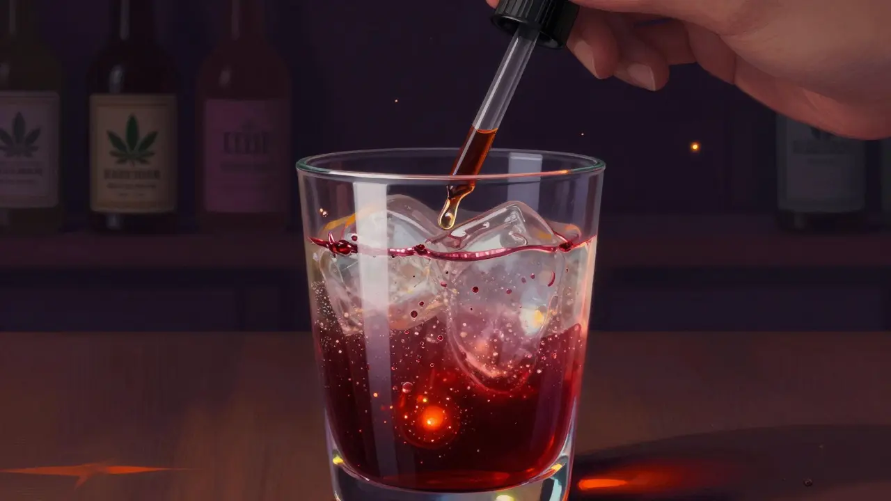 Glas mit zwei Schichten: THC-Öltropfen in Wein und klare Limonade, schwebende Lichtpartikel.