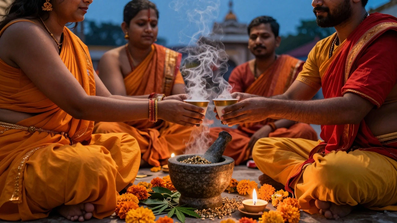 Indische Gläubige reichen Bhang-Getränk bei einem religiösen Fest bei Dämmerung.
