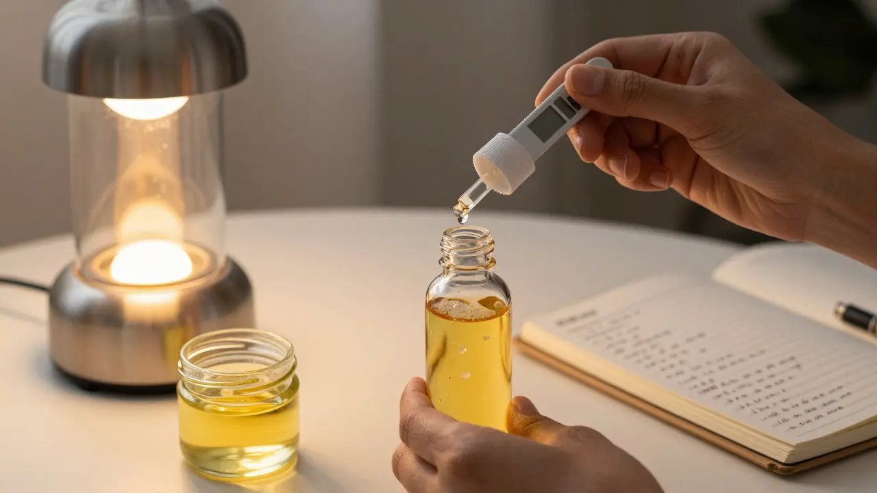 Jemand mischt CBD-Kristalle mit Trägeröl in einer Flasche