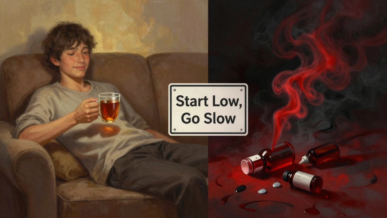 Kontrast zwischen entspannter Wirkung und überdosierter Chaos-Szene.