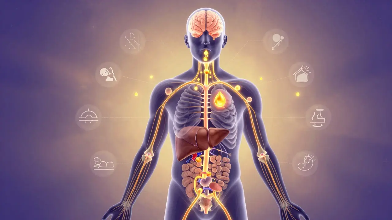 Körpersilhouette mit leuchtenden CBD-Wegen zum Endocannabinoid-System.