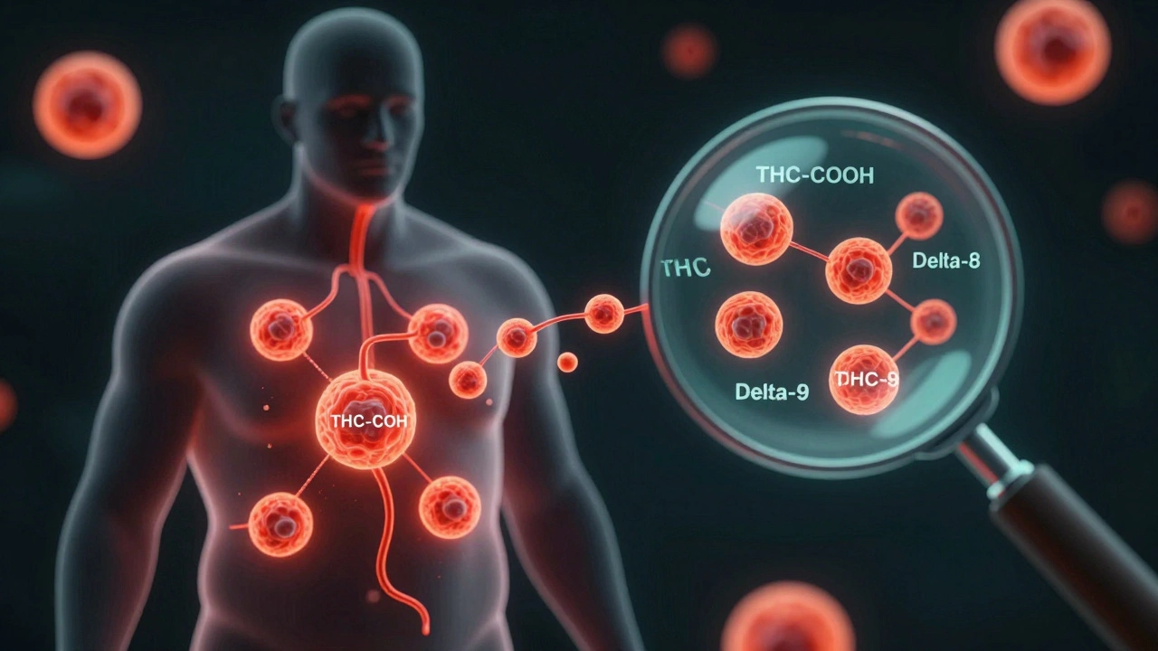 Menschensilhouette mit THC-Metaboliten in Fettzellen und Vergleich von Delta-8 und Delta-9
