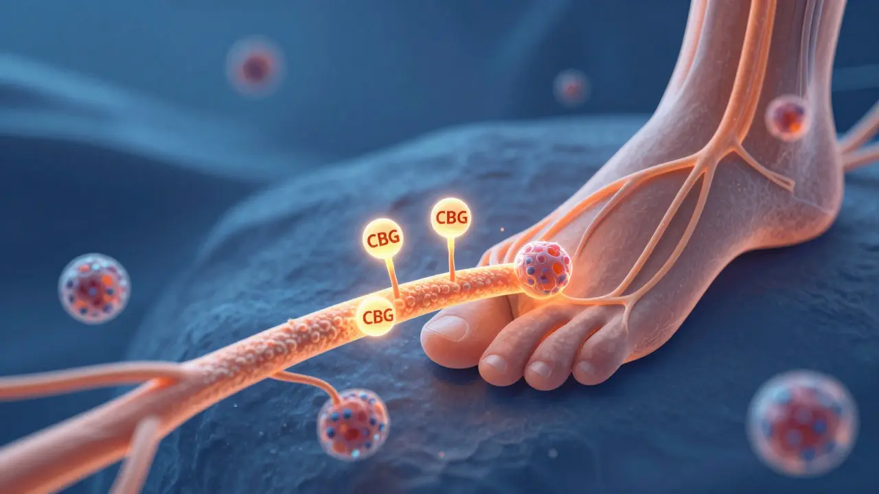 Molekulare Darstellung von CBG, das Schmerzrezeptoren und Gliazellen im Nervengewebe beeinflusst.