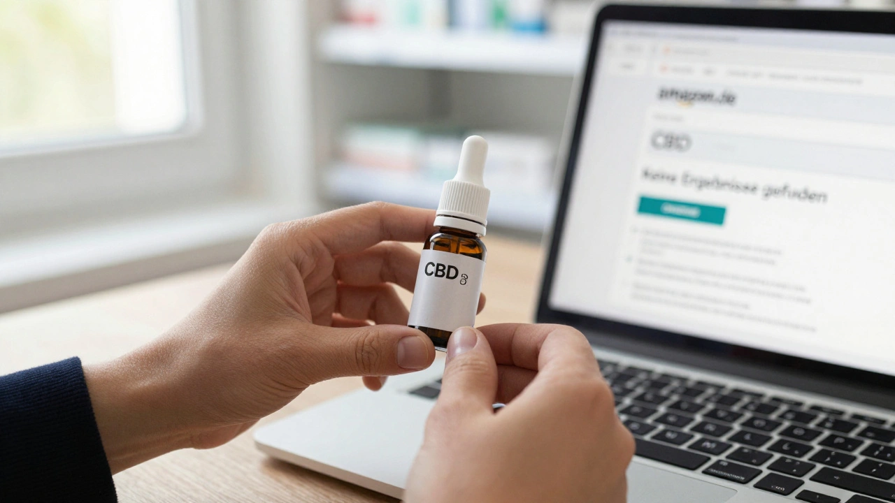 Person hält CBD-Tropfen mit äußerlicher Anwendungskennzeichnung neben einem Amazon-Suchergebnis ohne Treffer.