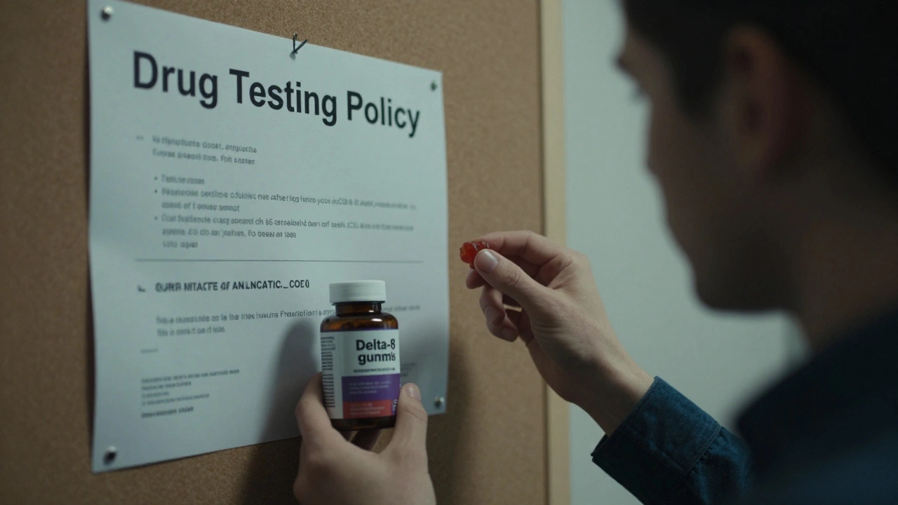 Person mit Delta-8-Gummibärchen und COA vor Arbeitsplatz-Drogentest-Schild