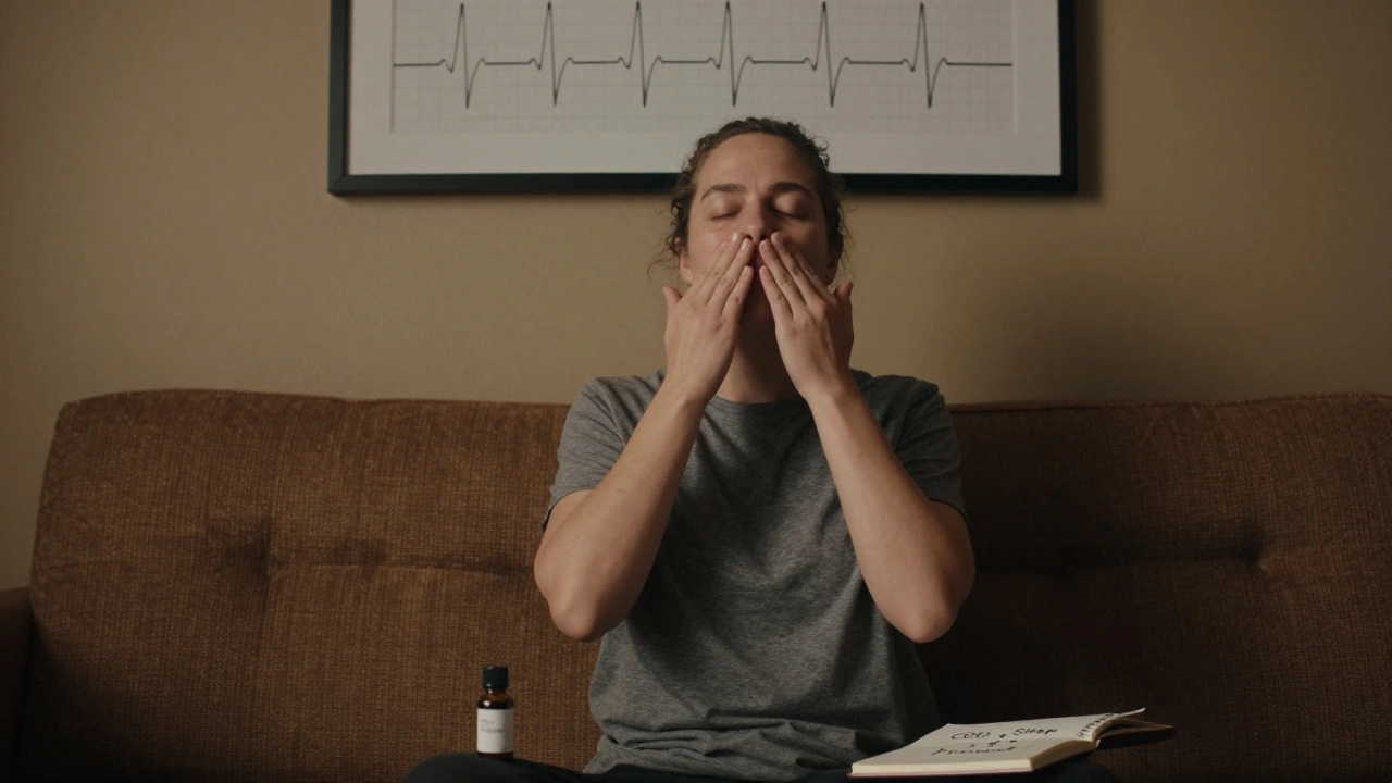 Person praktiziert Boxatmung mit CBD-Öl und EKG-Notizen, ruhige, natürliche Umgebung.