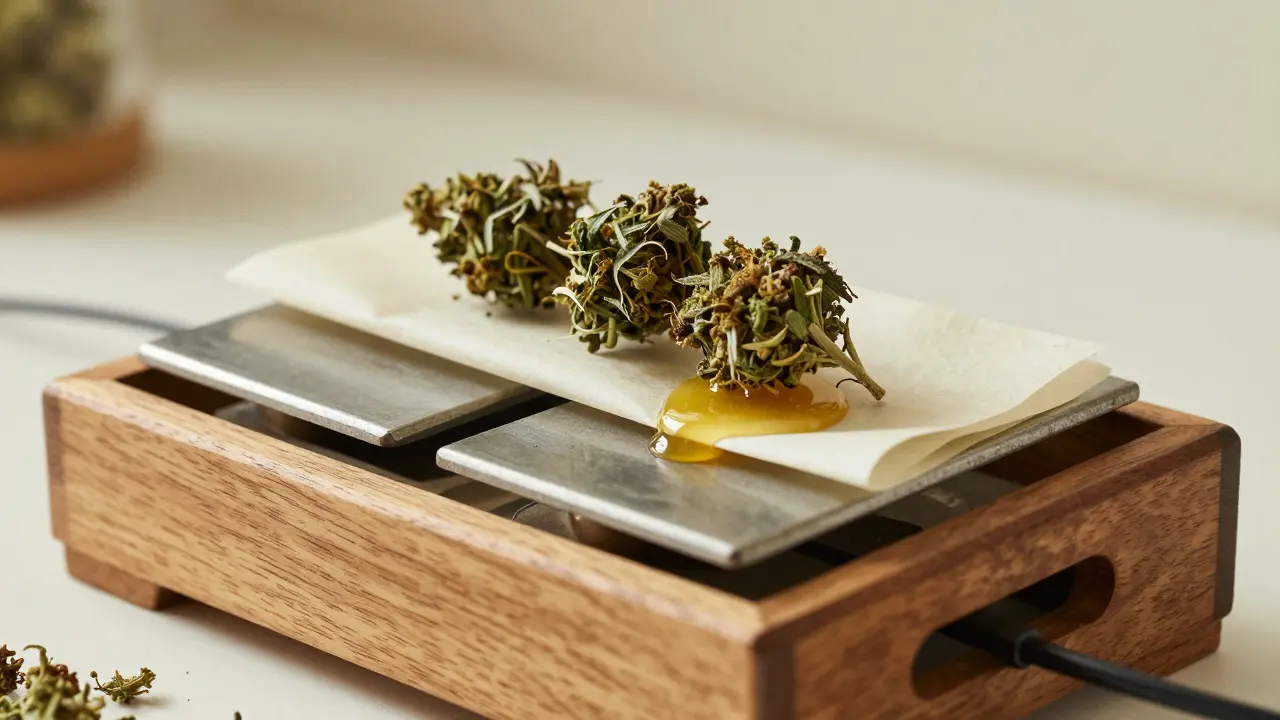 Rosin wird mit Wärme und Druck aus CBD-Blüten in einer Presse gewonnen, ohne Chemikalien.