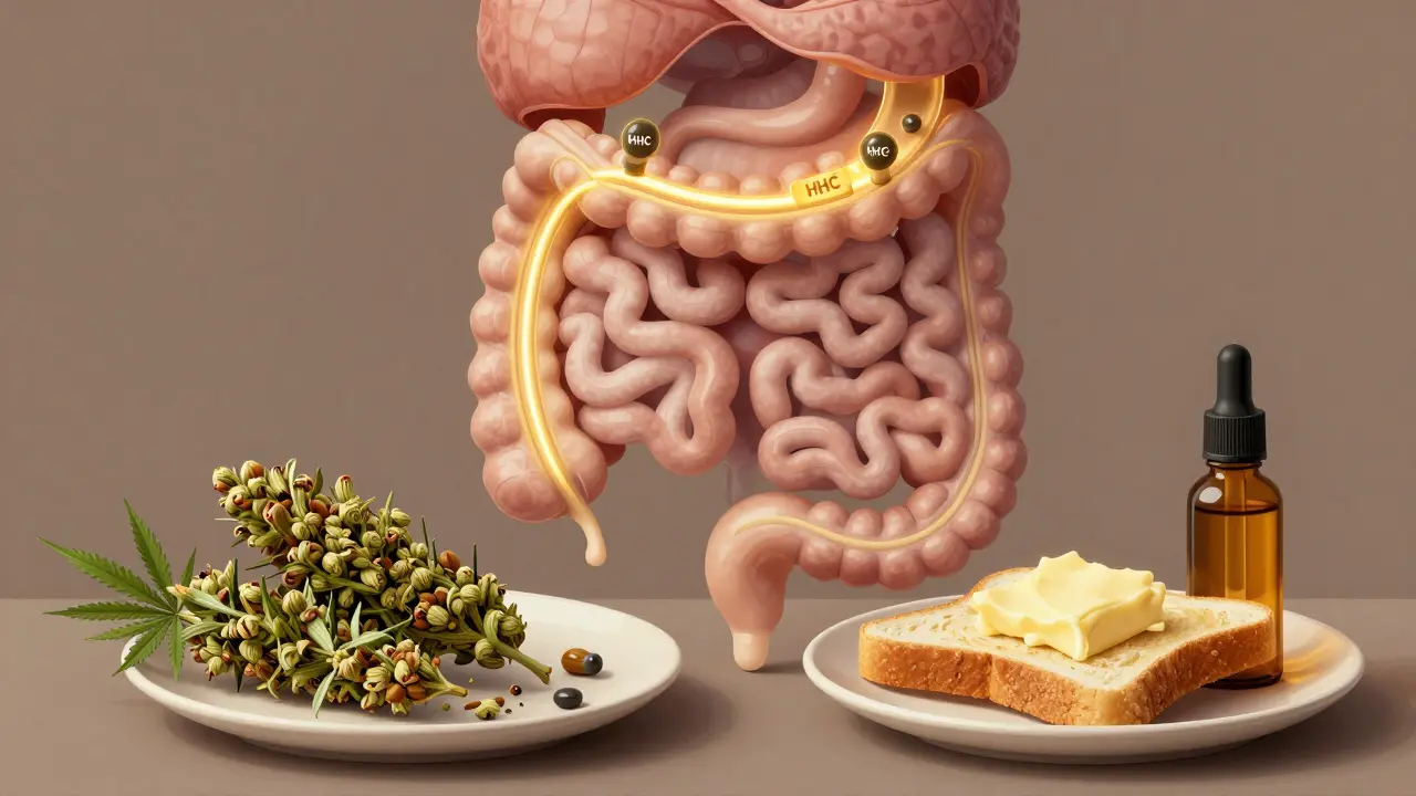 Schematische Darstellung der HHC-Aufnahme im Körper mit Fetten.
