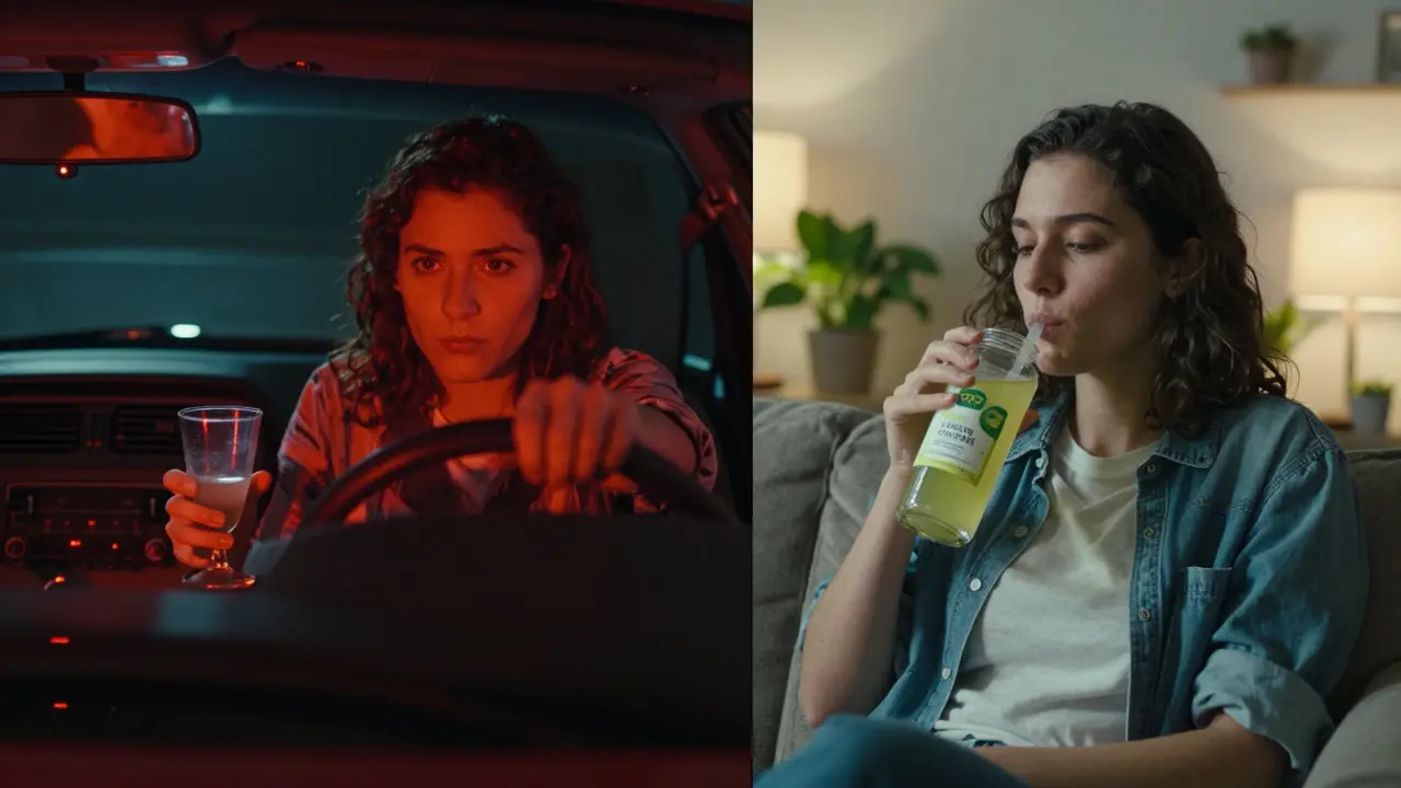 Split-Szene: Links fahrender Fahrer mit Cocktail, rechts ruhiger Genuss eines CBD-Limonadengetränks.