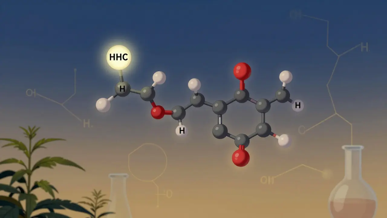 Stilisierte Darstellung der molekularen Struktur von HHC neben THC mit Hanfpflanze und Laborflasche.