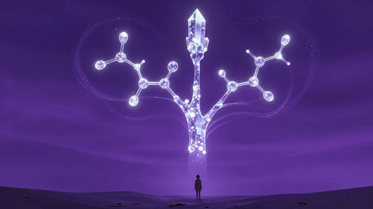 Surreale, leuchtende THCP-Molekülstruktur als kristalliner Baum in einem violett-rosa Himmel, Lichtpartikel schweben um sie.