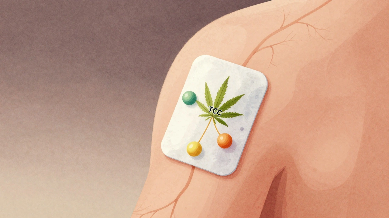 Transdermales Pflaster am Oberarm, THC dringt langsam in die Blutbahn ein.