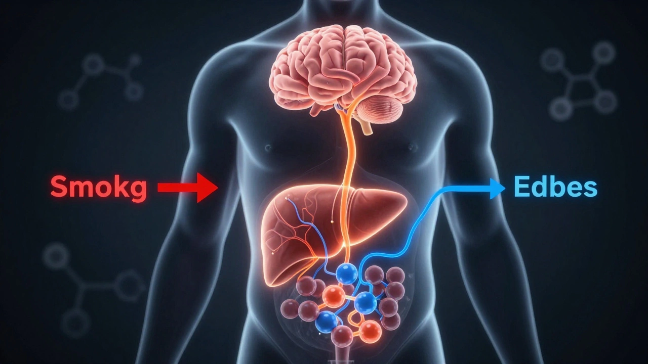 Transparente Darstellung des Körpers mit THC-Verarbeitung durch die Leber und Wirkung im Gehirn.
