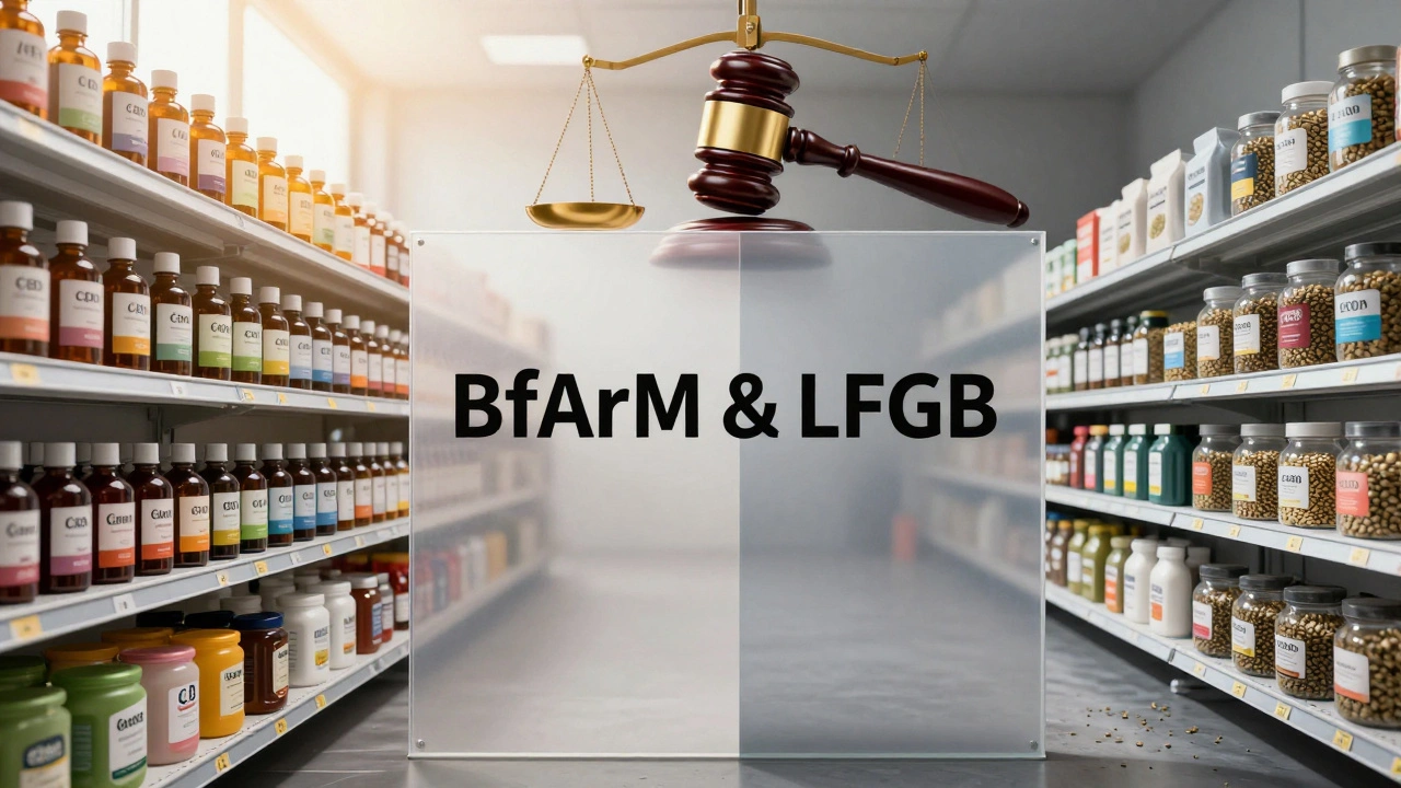 Transparente rechtliche Barriere trennt CBD-Verkauf in den USA von Deutschland mit Symbolen von Gesetz und Verbot.