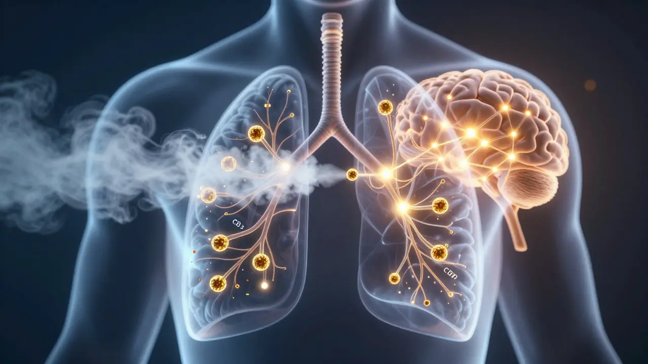 Transparenzdarstellung einer Lunge mit CBD-Molekülen, die in das Nervensystem strömen.