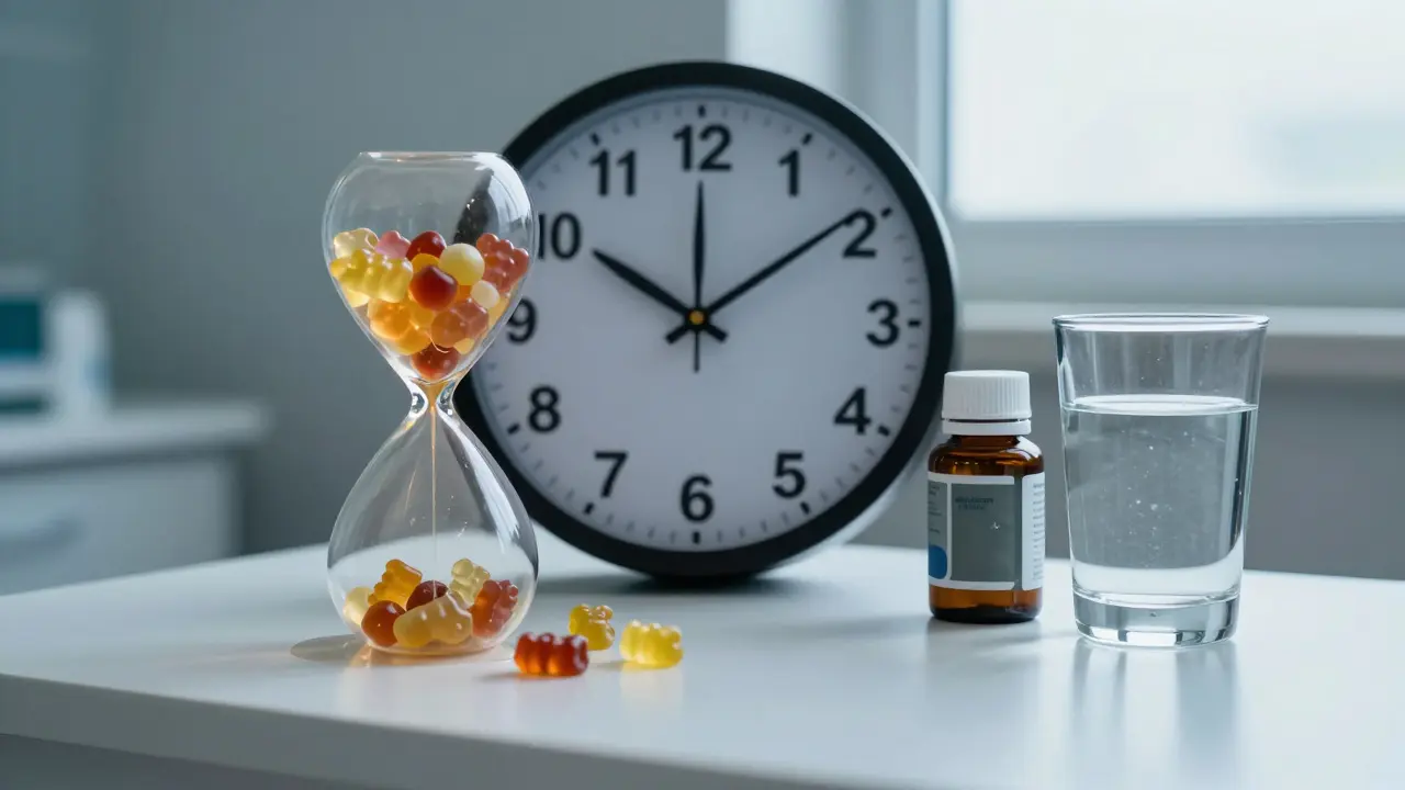 Uhr mit schmelzenden Gummibärchen in einer Sanduhr, daneben Medikamentenflasche und Wasserglas, klinische Atmosphäre.