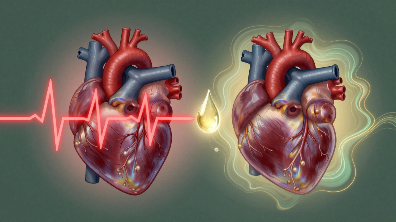 Vergleich eines gestressten und eines beruhigten Herzens, verbunden durch einen CBD-Tropfen, symbolische Darstellung.