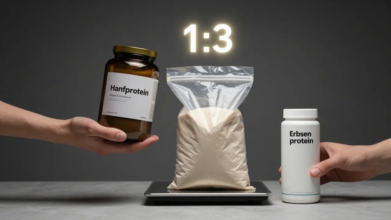 Vergleich von Hanfprotein mit anderen Proteinpulvern auf einer Waage, Hanfprotein dominiert