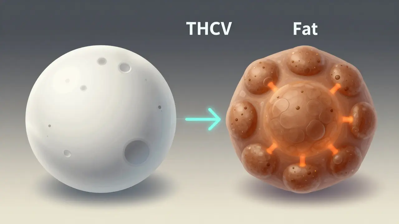 Vergleich von weißen und braunen Fettzellen mit THCV-Molekülen, die Umwandlung anzeigen.