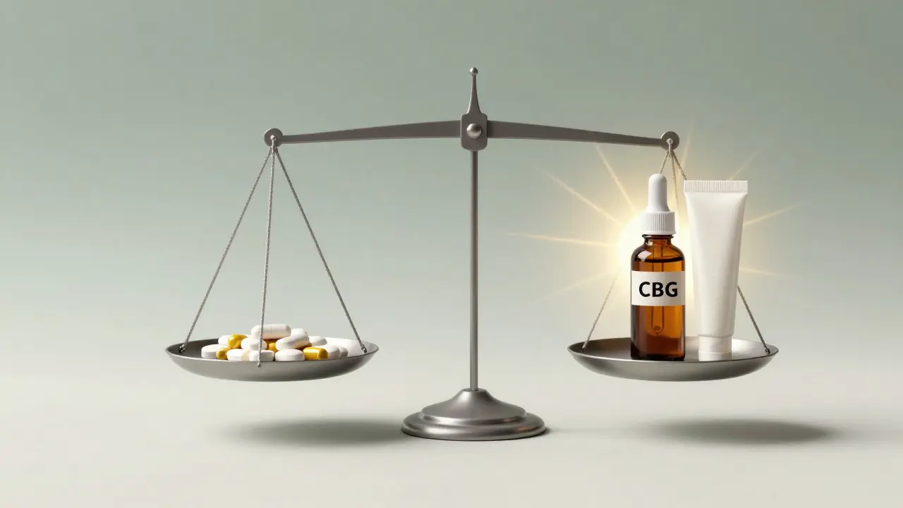 Waage mit herkömmlichen Schmerzmitteln auf einer Seite und CBG-Produkten auf der anderen, Symbol für natürliche Linderung.