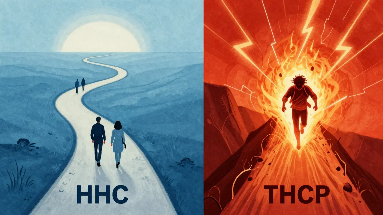 Zwei kontrastierende Wege: sanfter Pfad für HHC und stürmischer Pfad für THCP, stilisiert als medizinische Zeichnung.