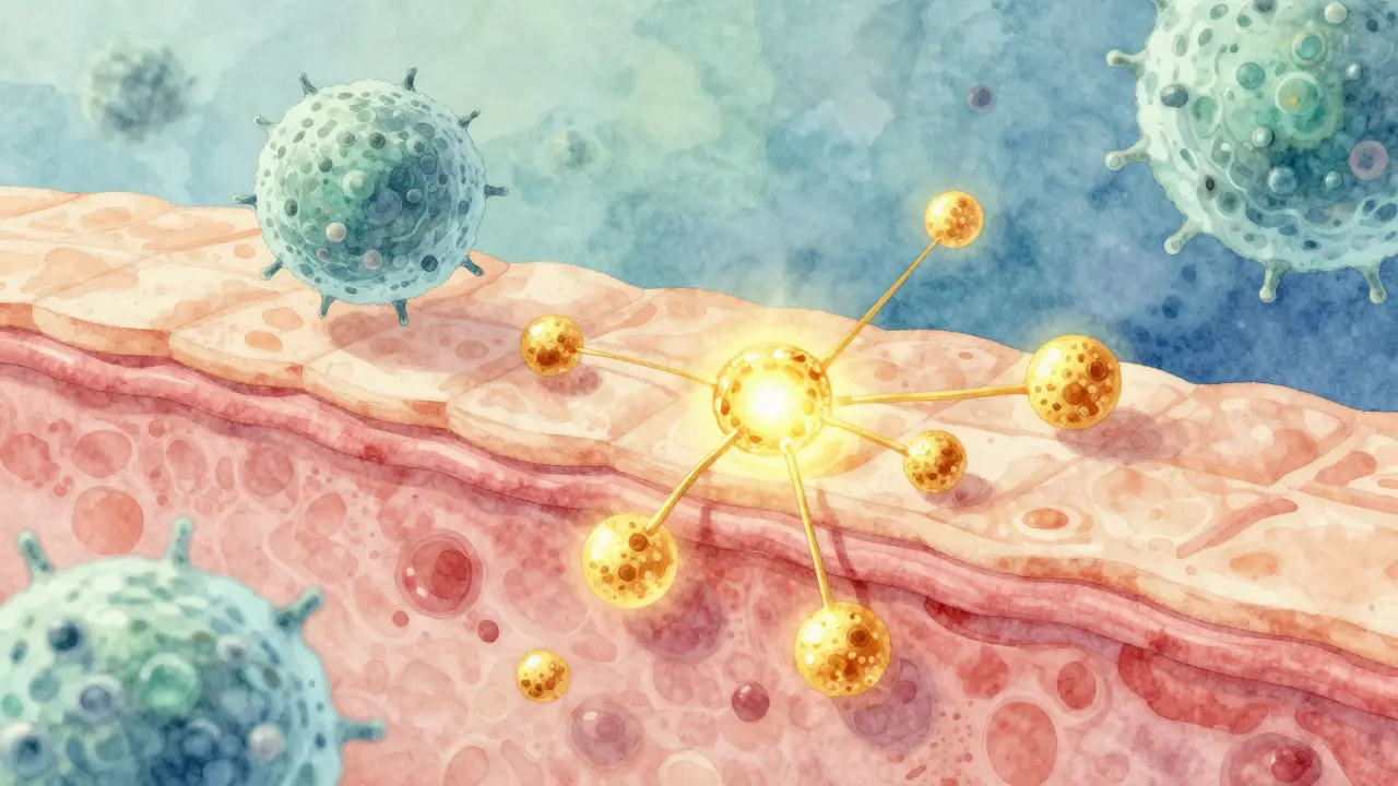 Abstrakte Darstellung von CBD-Molekülen, die mit Hautrezeptoren interagieren und Entzündungen beruhigen.