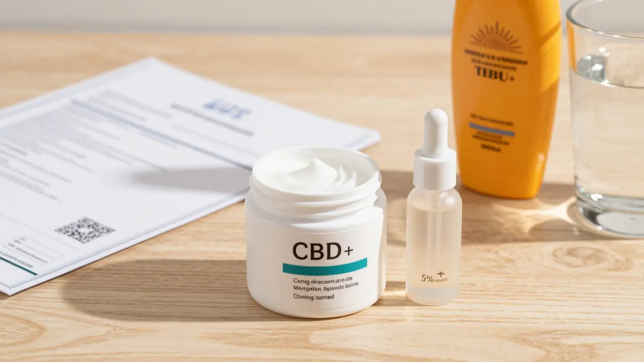 CBD-Creme, Labortest und Retinol-Serum als Teil einer ausgewogenen Hautpflege.