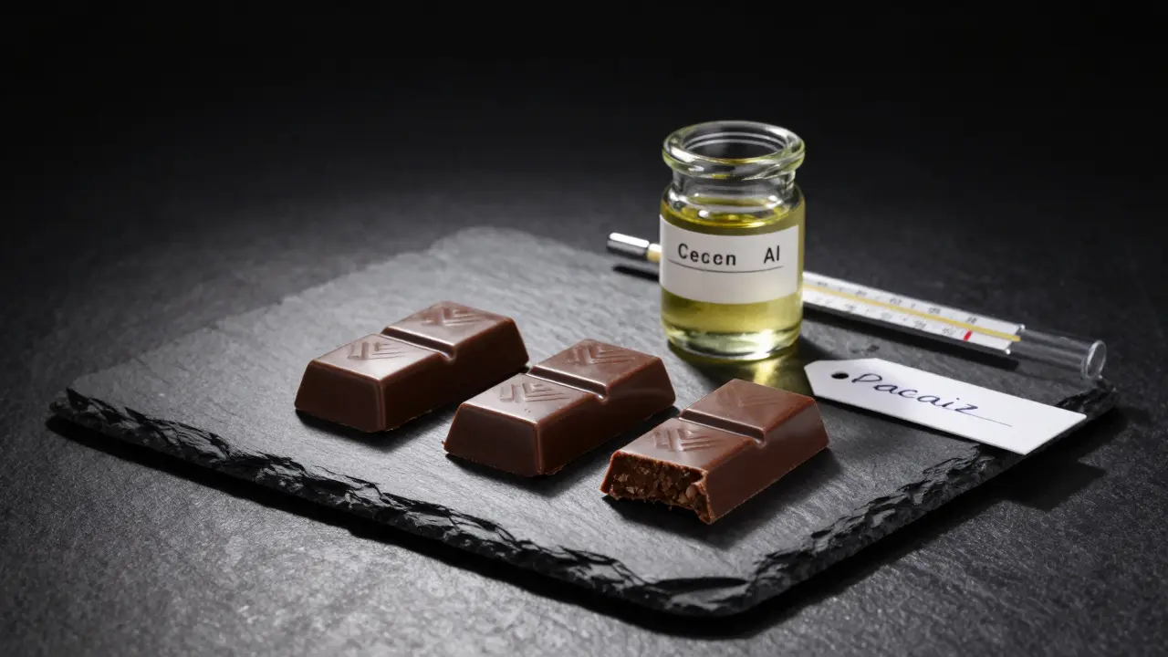 Drei glänzende Cannabis-Schokoladenriegel auf schwarzem Stein, mit Etikett und Cannabis-Ölflasche.