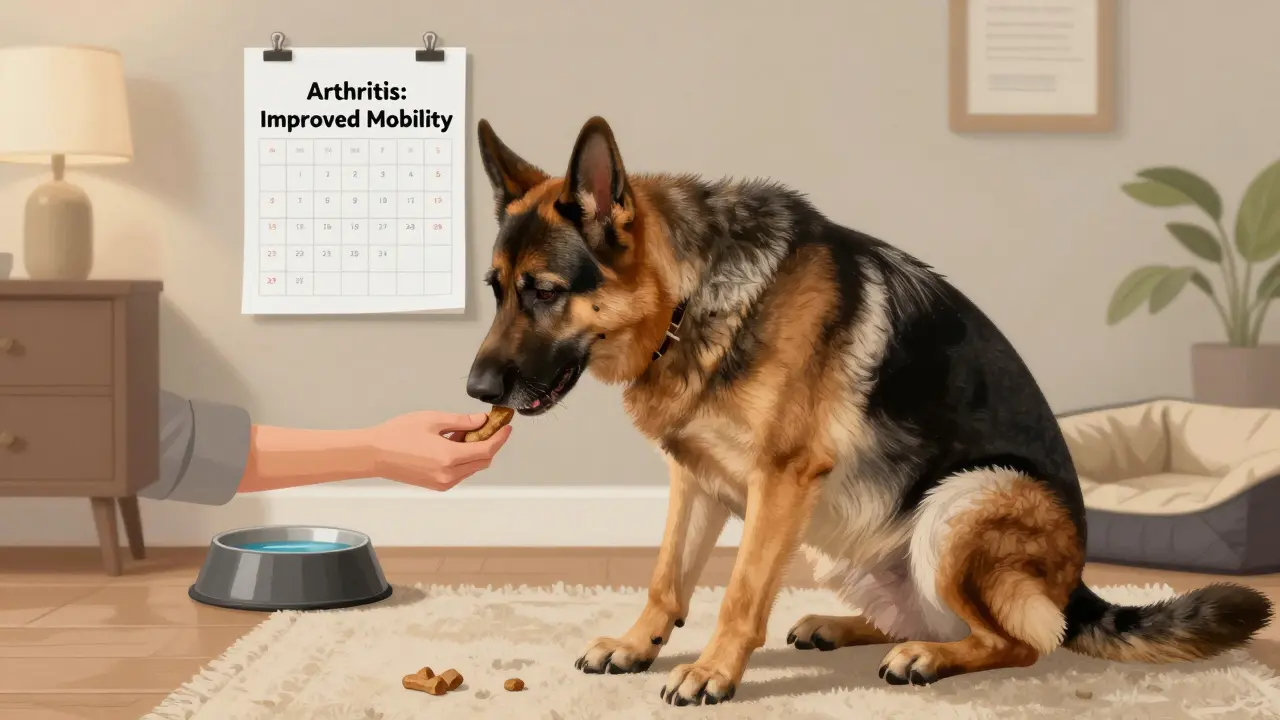 Ein älterer Schäferhund nimmt eine CBD-Leckerei von seinem Besitzer entgegen, in einem gemütlichen Zuhause.