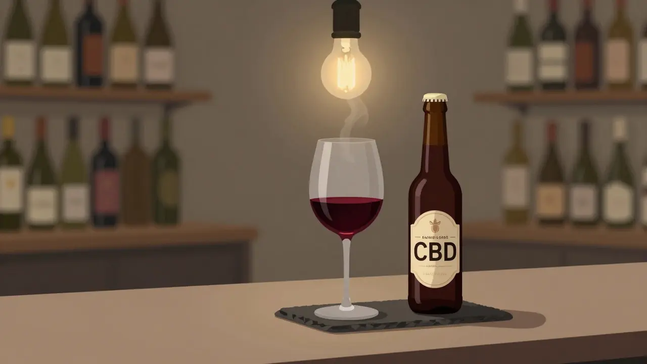 Ein Glas trockener Rotwein und eine CBD-Bierflasche in einer ruhigen Weinstube bei Dämmerung.