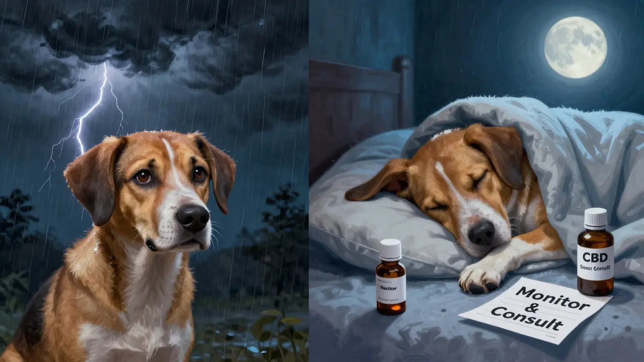 Ein Hund im Sturm – links ängstlich, rechts tief schlafend – mit CBD-Flasche und Tierarzthinweis.