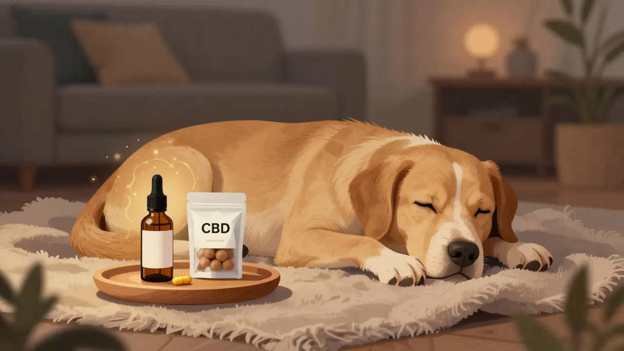 Ein Hund liegt entspannt auf einer Decke, umgeben von CBD-Öl, Leckerchen und Kapseln in warmen Farbtönen.
