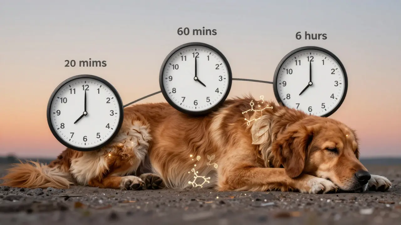 Ein Hund mit einem zeitlichen Verlauf in seinem Fell, der die Wirkdauer von CBD visualisiert, bei dämmrigem Licht.