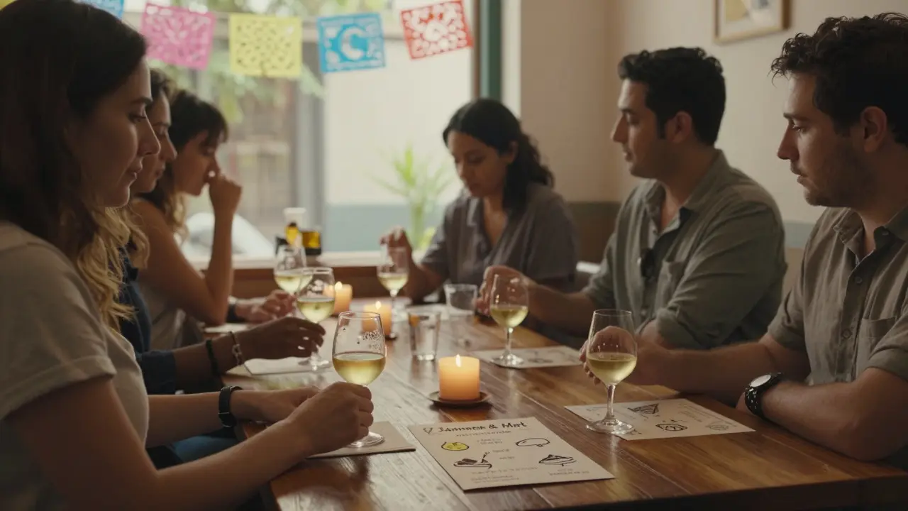 Eine Gruppe probiert Cannabiswein in einem kerzenbeleuchteten Raum, mit Geschmacksnoten auf einer handgemalten Karte.
