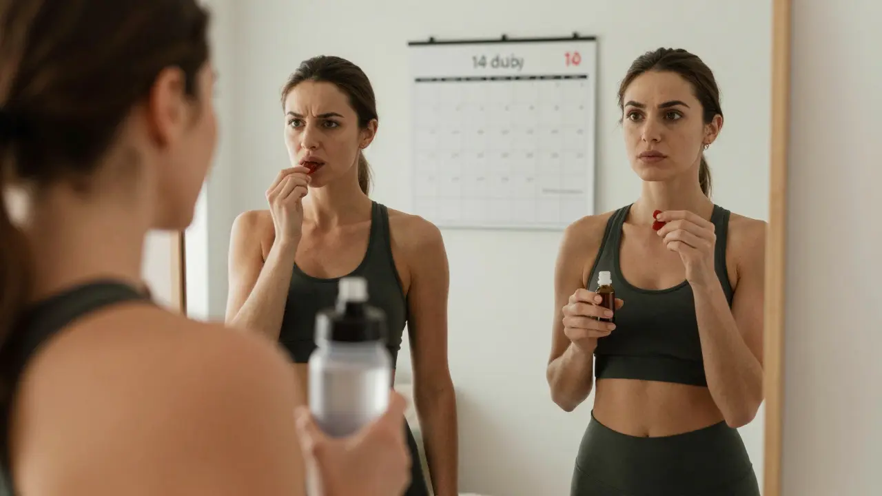 Frau vor einem Spiegel mit zwei Reflexionen: einmal beim Essen von Gummibärchen, einmal beim Einnehmen von CBD-Öl mit Wasserflasche.