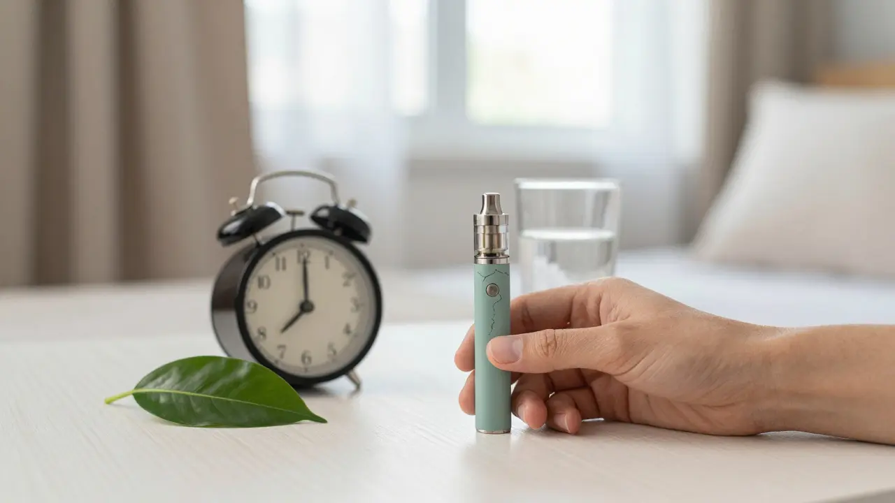Gebrauchter Vape neben Wasser, Salz und Uhr – Symbol für Geduld und Erholung nach HHC-Konsum.