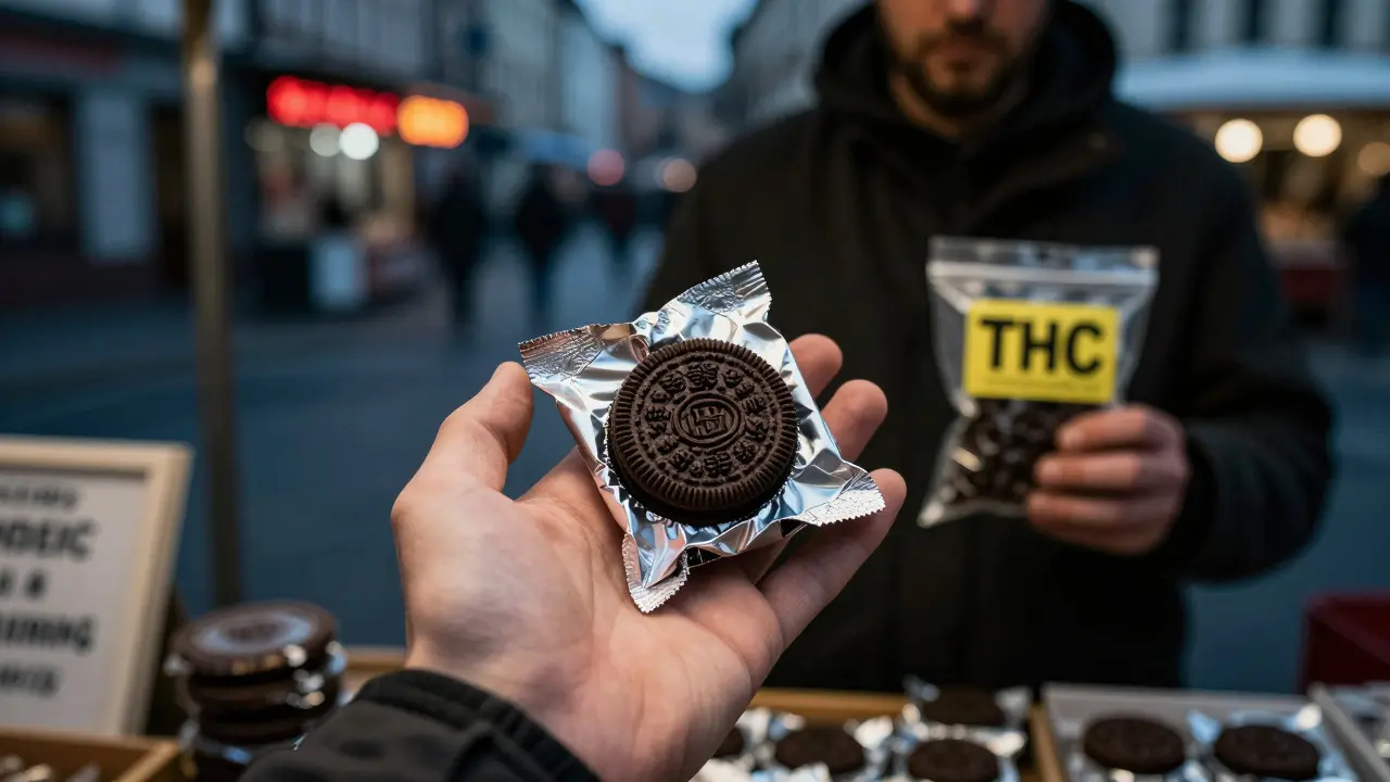 Hand bietet unmarkierte Cannabis-Schokolade auf einem Berliner Straßenmarkt an.