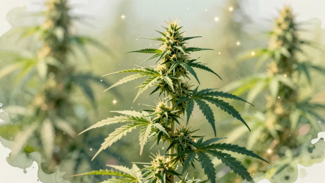 Hohe Sativa-Pflanze mit feinen Blättern und leuchtenden Terpenpartikeln.