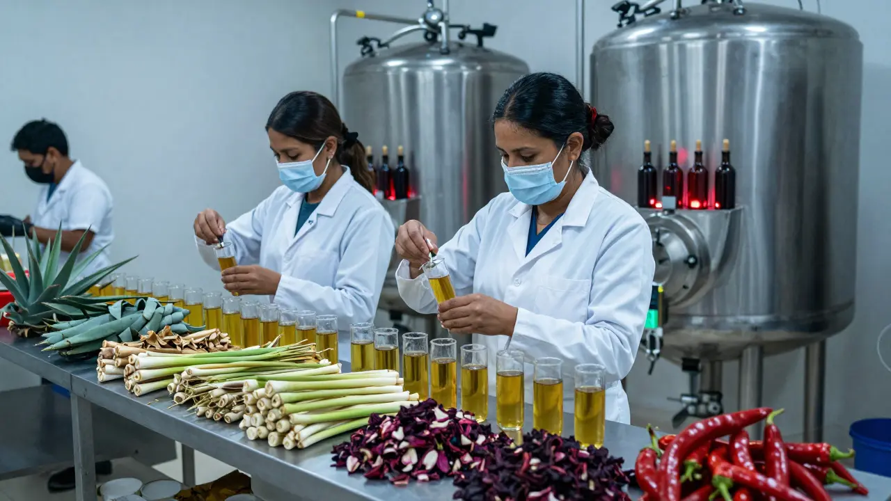 In einer mexikanischen Produktionsstätte werden THC-Öltröpfchen in dunkle Glasflaschen abgefüllt, umgeben von trockenen Kräutern und Zutaten.