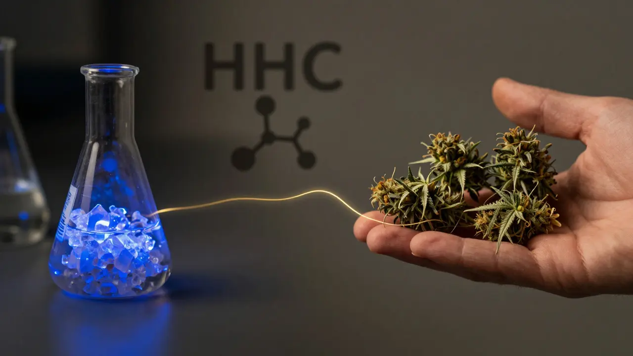 Konzeptuelle Darstellung von Delta-8, Sativa und HHC als verknüpfte Wege.