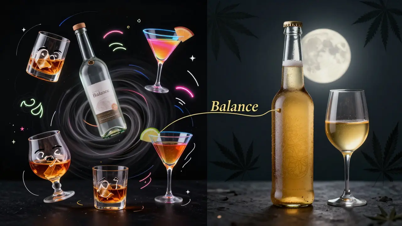 Konzeptuelles Bild: Chaos aus Starkalkohol auf der einen Seite, ruhige Cannabis- und Weinkombination auf der anderen.
