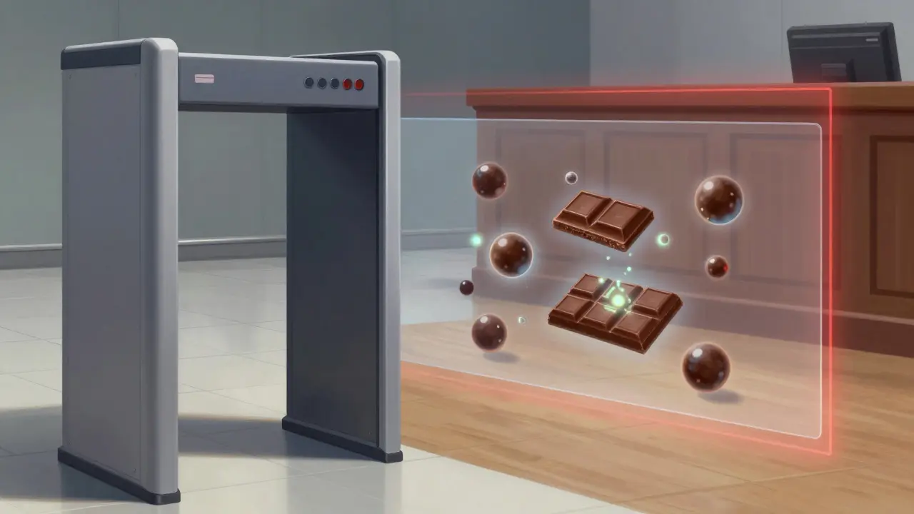 Künstlerische Darstellung von versteckten THC-Molekülen in Schokolade neben einem Flughafenscanner.