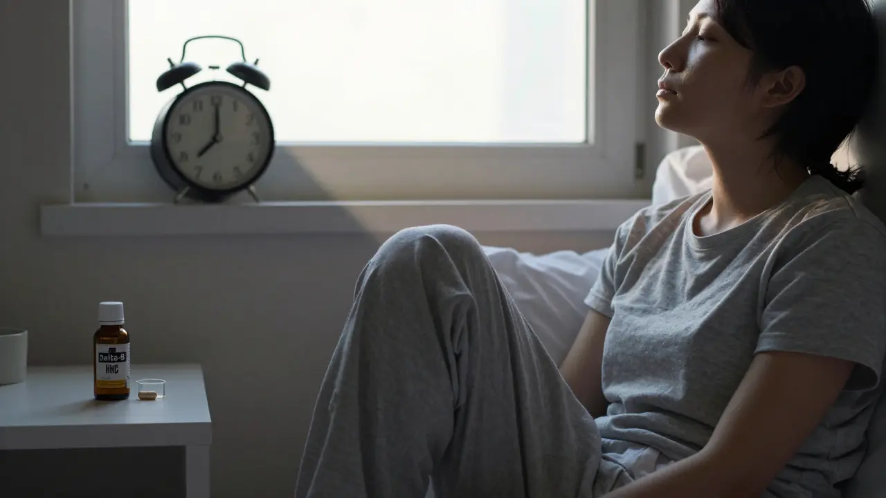 Mensch wacht sanft am Morgen auf, frisches Licht, Delta-8-Flasche daneben, HHC-Kapsel leer.