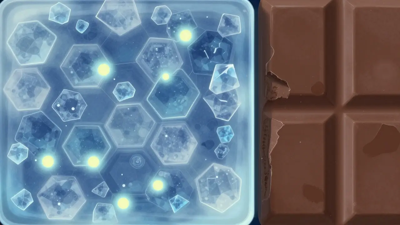 Mikroskopisch dargestellte Kakaobutter-Kristalle mit gleichmäßig verteilten THC-Molekülen in temperierter Schokolade.