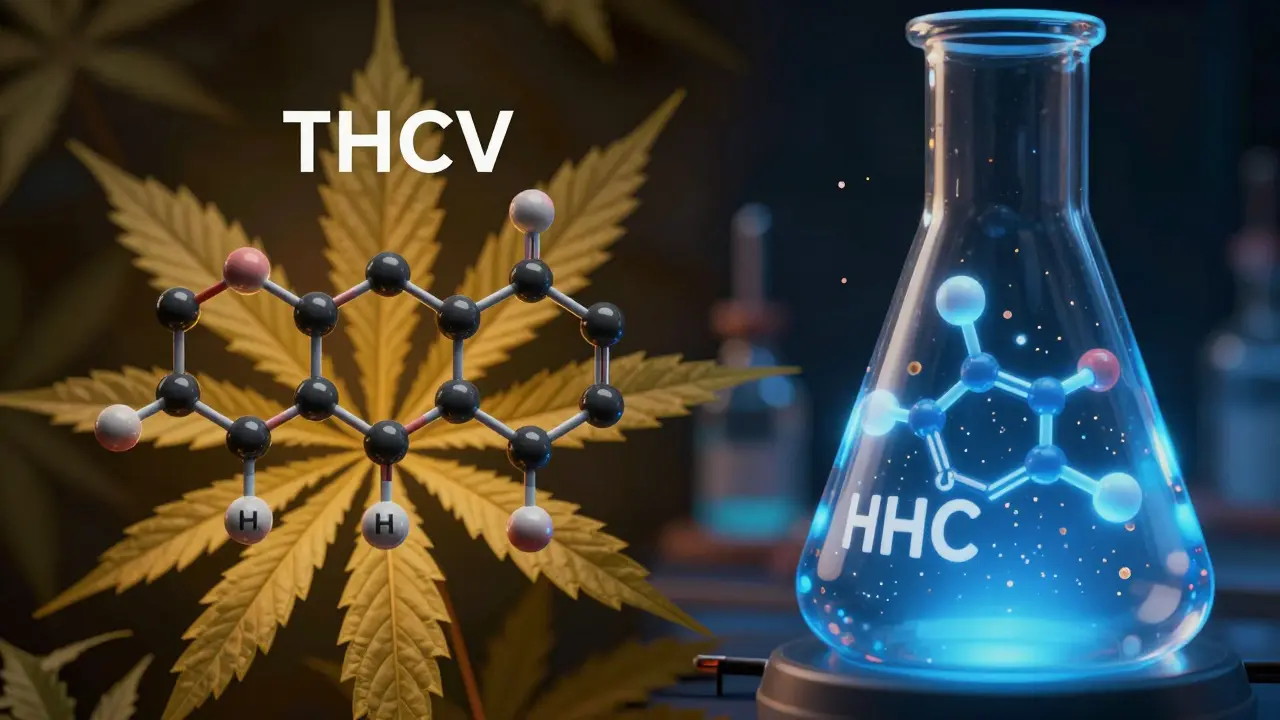 Molekulare Struktur von THCV und HHC im Vergleich: natürliche Form vs. chemisch verändert mit Impuritäten.