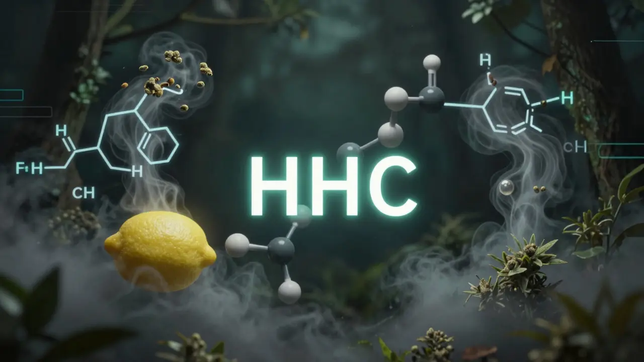 Molekülstruktur von HHC mit citrusartigen und holzigen Terpenwolken in wissenschaftlichem Stil.