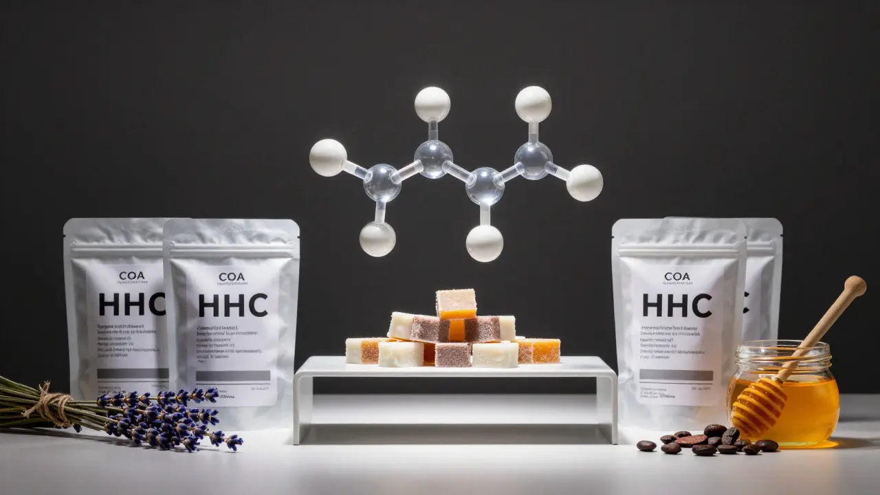Molekülstruktur von HHC über premium Cannabis-Edibles mit Zertifikaten und natürlichen Zutaten.