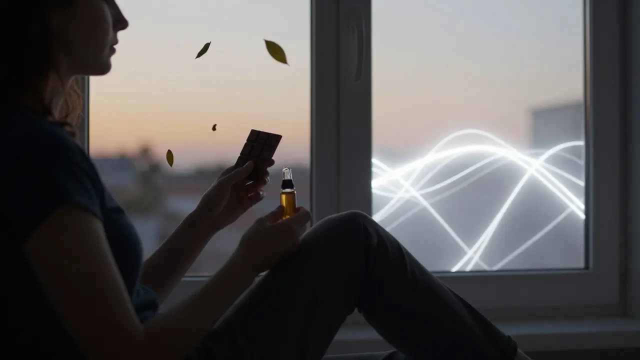 Person hält Schokolade und Extrakt, hinter ihr zwei unterschiedliche Stimmungen: ruhig versus klar, bei Dämmerung, ohne Gesichter.