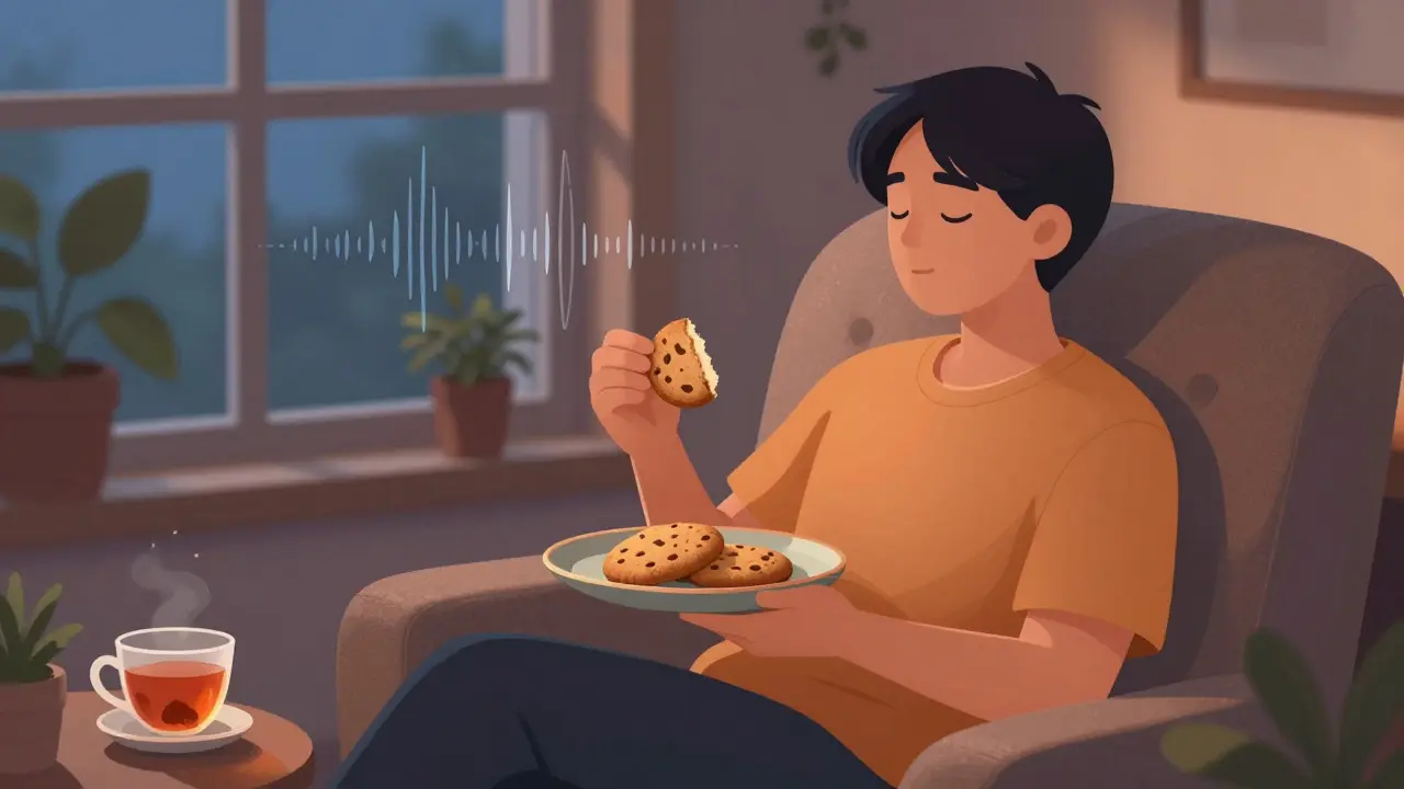 Person sitzt entspannt in Armlehnstuhl, hält halben HHC-Cookie, abendliches Licht, ruhige Atmosphäre.